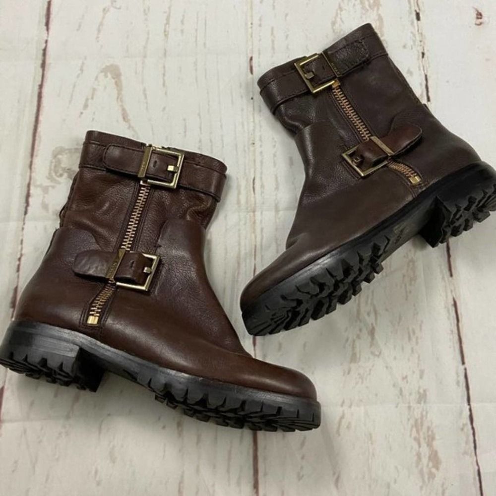 Aerin Lacy Leather Tall Boot in espresso brown gold accent buckle zip Womens 7 - Picture 3 of 8